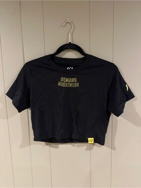 A7 Powerlifting Black Crop Tee with Yellow "Demand Greatness" Print